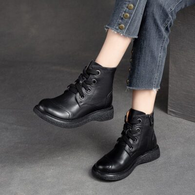 Autumn winter vintage burnished round toe women Martin leather boots