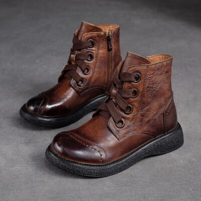 Autumn winter vintage burnished round toe women Martin leather boots