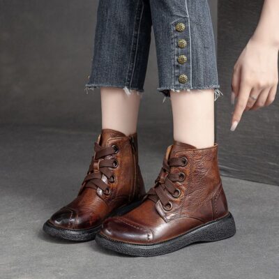 Autumn winter vintage burnished round toe women Martin leather boots