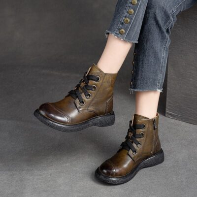 Autumn winter vintage burnished round toe women Martin leather boots