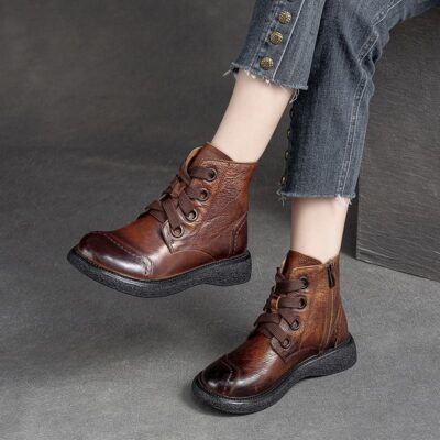 Autumn winter vintage burnished round toe women Martin leather boots