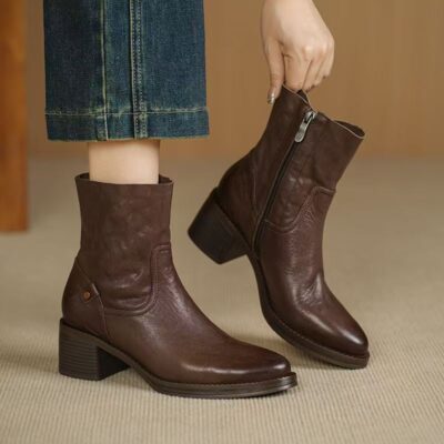 Vintage autumn winter side zipper chunky heel women Chelsea leather boots