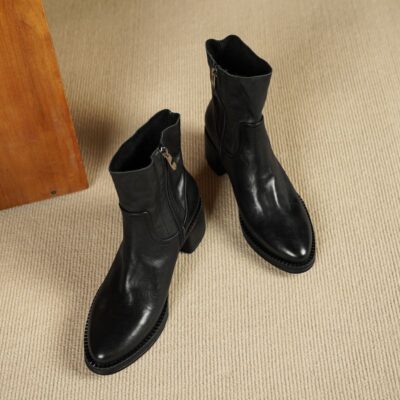 Vintage autumn winter side zipper chunky heel women Chelsea leather boots