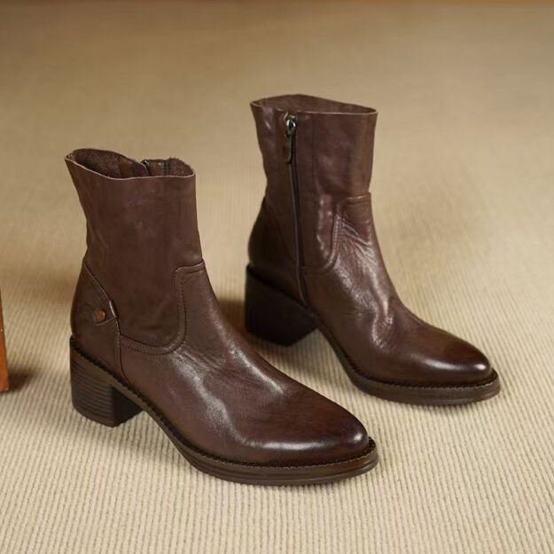 Vintage autumn winter side zipper chunky heel women Chelsea leather boots