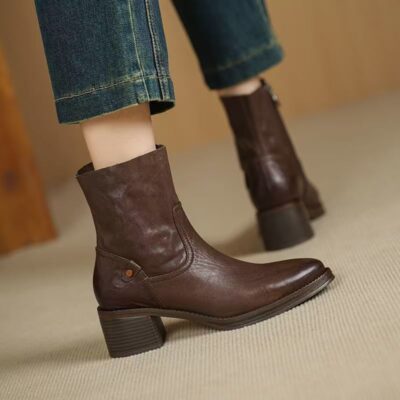 Vintage autumn winter side zipper chunky heel women Chelsea leather boots