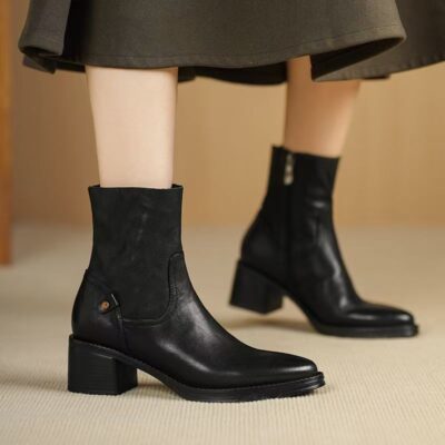 Vintage autumn winter side zipper chunky heel women Chelsea leather boots