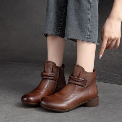 Autumn winter vintage round toe side zipper women leather boots