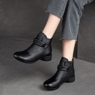 Autumn winter vintage round toe side zipper women leather boots