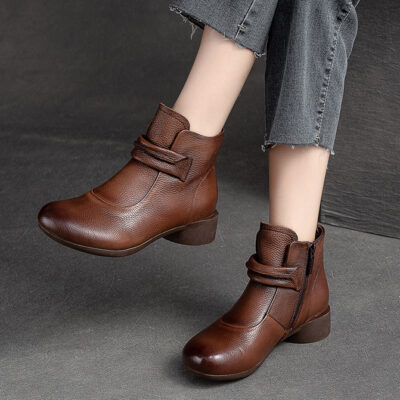 Autumn winter vintage round toe side zipper women leather boots