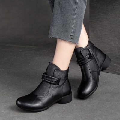 Autumn winter vintage round toe side zipper women leather boots
