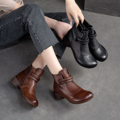 Autumn winter vintage round toe side zipper women leather boots