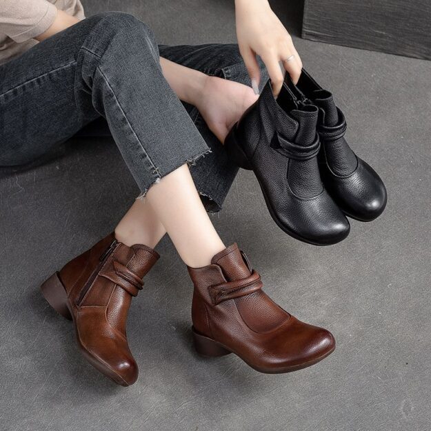 Women Vintage Round Toe Side Zipper Leather Boots (7) Autumn winter vintage round toe side zipper women leather boots