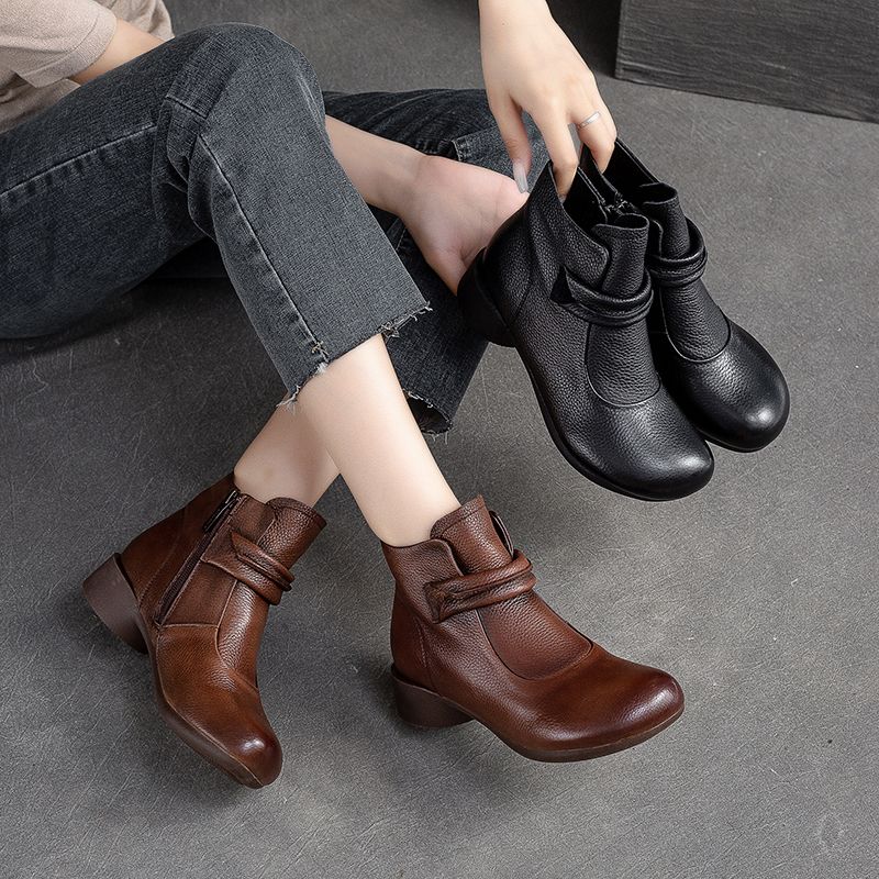 Autumn winter vintage round toe side zipper women leather boots