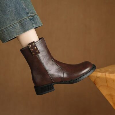 European American vintage side zipper casual women leather boots