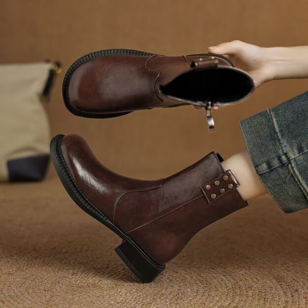 European American vintage side zipper casual women leather boots