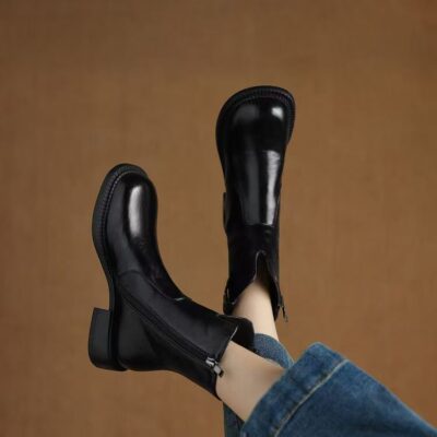 European American vintage side zipper casual women leather boots