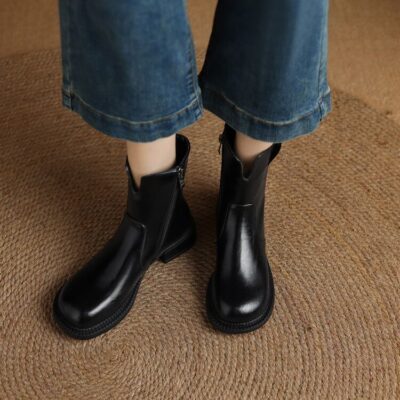 European American vintage side zipper casual women leather boots