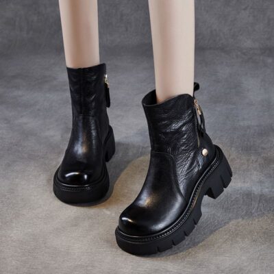 Autumn vintage thick sole mid-calf women Martin leather boots