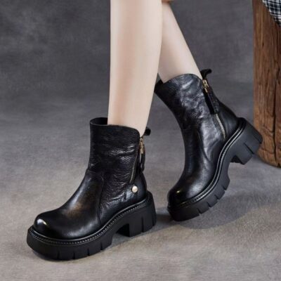 Autumn vintage thick sole mid-calf women Martin leather boots