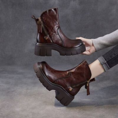 Autumn vintage thick sole mid-calf women Martin leather boots