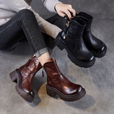 Autumn vintage thick sole mid-calf women Martin leather boots