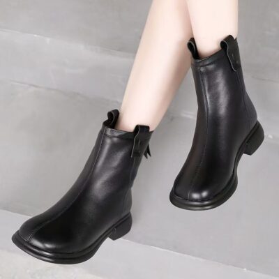 Autumn winter fleece-lined anti-slip soft sole cow leather women boots