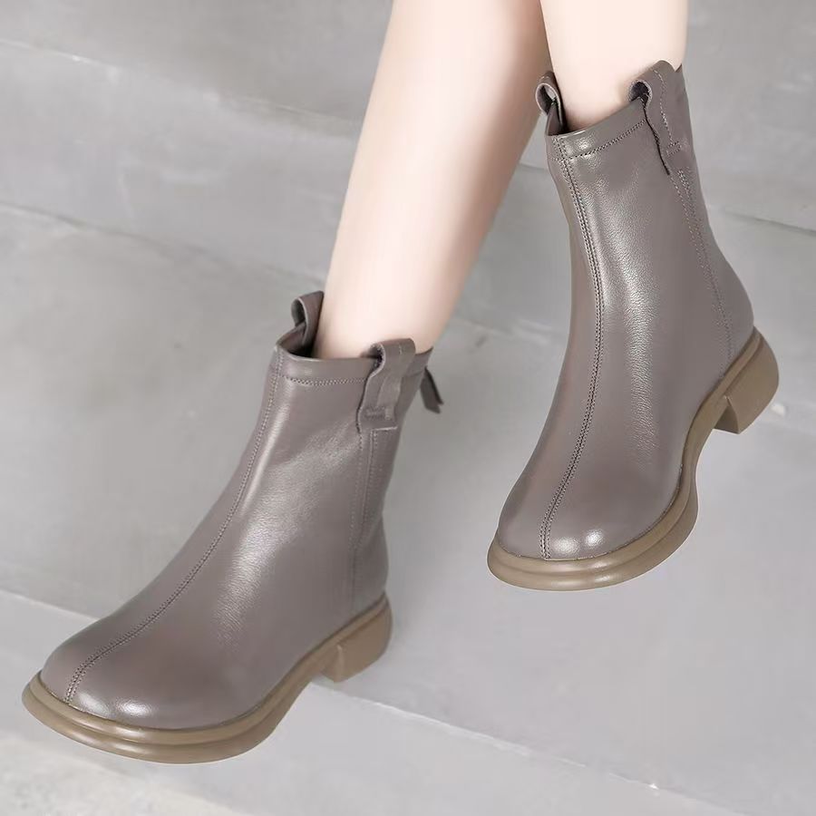 Autumn winter fleece-lined anti-slip soft sole cow leather women boots