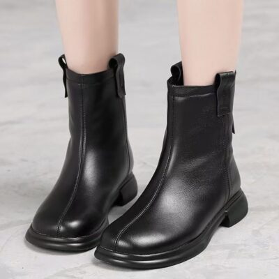 Autumn winter fleece-lined anti-slip soft sole cow leather women boots