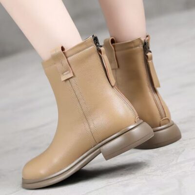 Autumn winter fleece-lined anti-slip soft sole cow leather women boots
