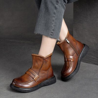 Autumn winter thick sole anti-slip women leather ankle boots