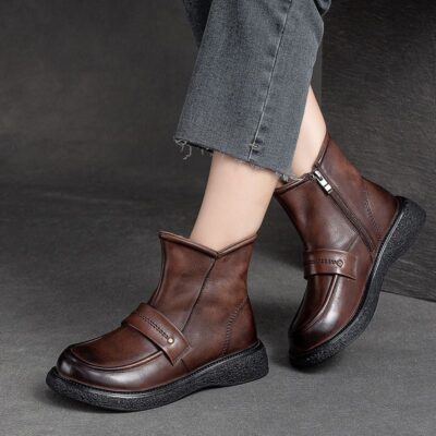 Autumn winter thick sole anti-slip women leather ankle boots
