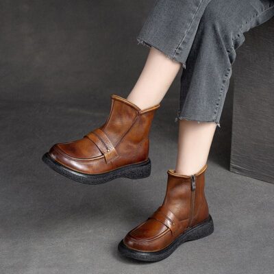 Autumn winter thick sole anti-slip women leather ankle boots