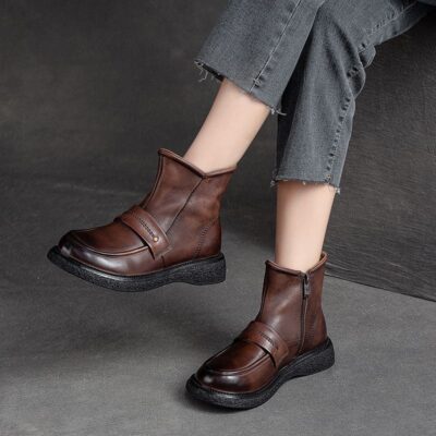 Autumn winter thick sole anti-slip women leather ankle boots